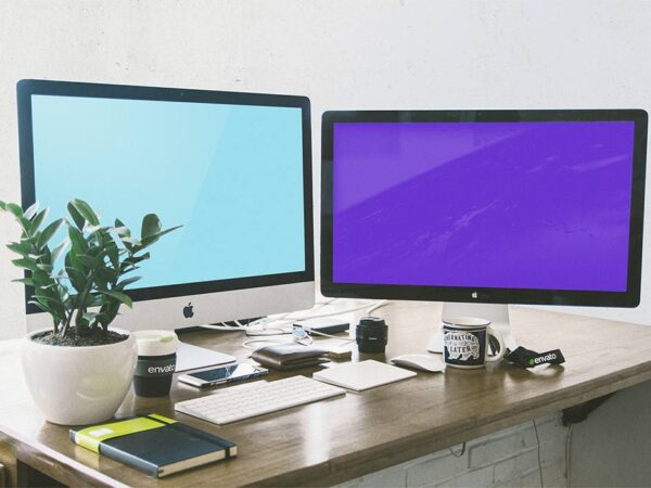 Workspace with iMac and Apple Display Mockup