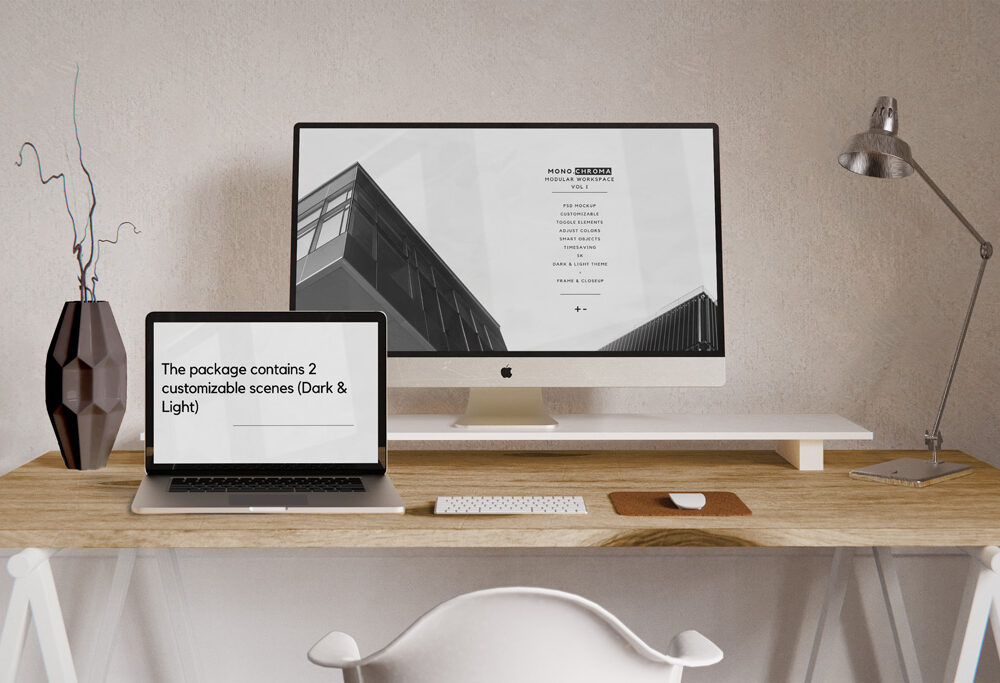 Workspace with iMac Scene Creator Mockup Set