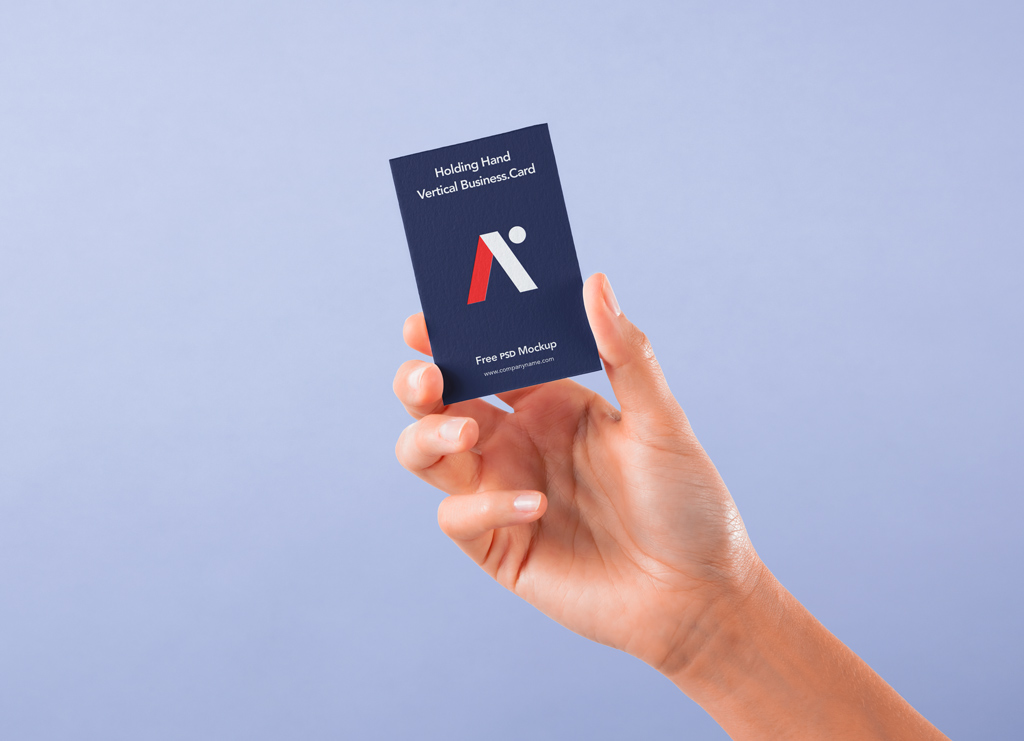 Hand holding vertical Business Card Mockup