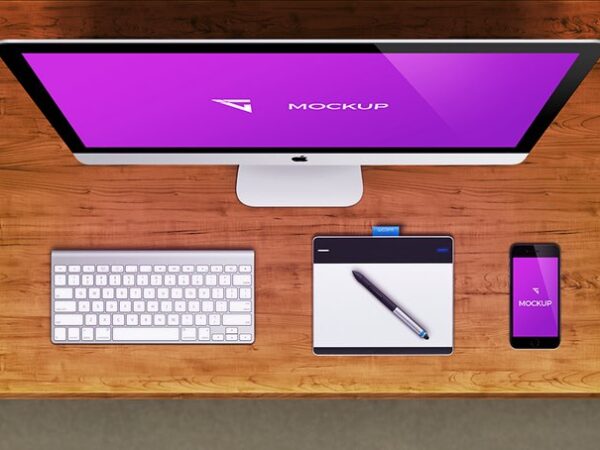iMac & iPhone from above Mockup